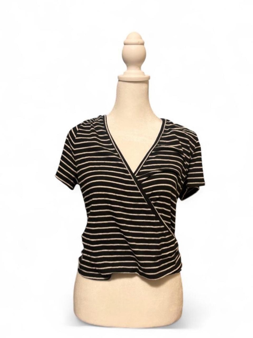 Striped Black & White Wrap V-Neck Women's Top